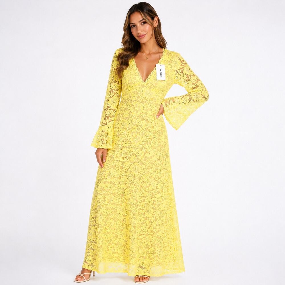 SHEIN Yellow Lace Maxi Dress Large NWT Floral Crochet Long Sleeve V Neck